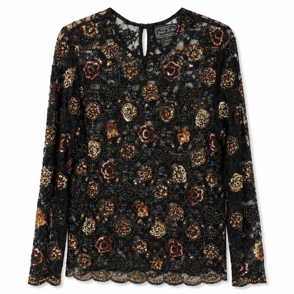 Joseph Le Bon Women 18 Black Lace Sequin Beaded Floral Evening Party Blouse